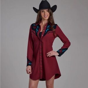 Size S 1990s western cowgirl snap front shirt dress womens red black